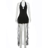Halter hollow out ruffle mesh backless mini dress