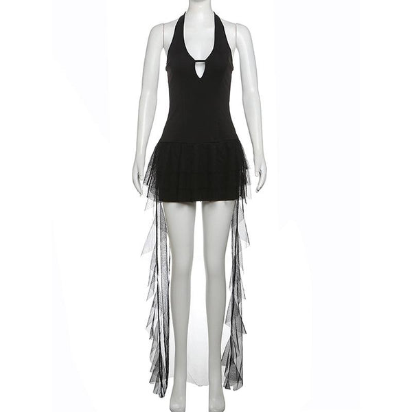 Halter hollow out ruffle mesh backless mini dress