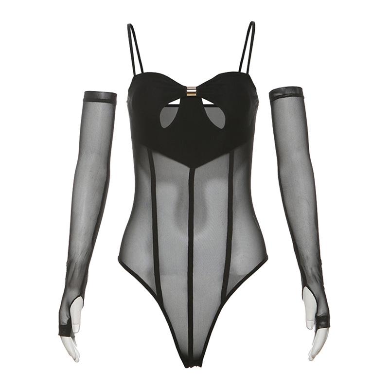 Body corset à boutons creux en maille avec gants 