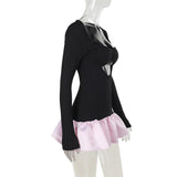Long sleeve hollow out ribbed ruffle v neck mini dress