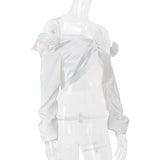 Long sleeve off shoulder flower applique button top