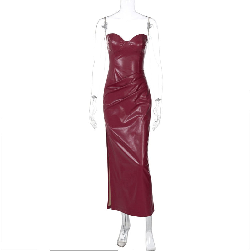 Vestido midi plisado de cuero sintético con cremallera y abertura 