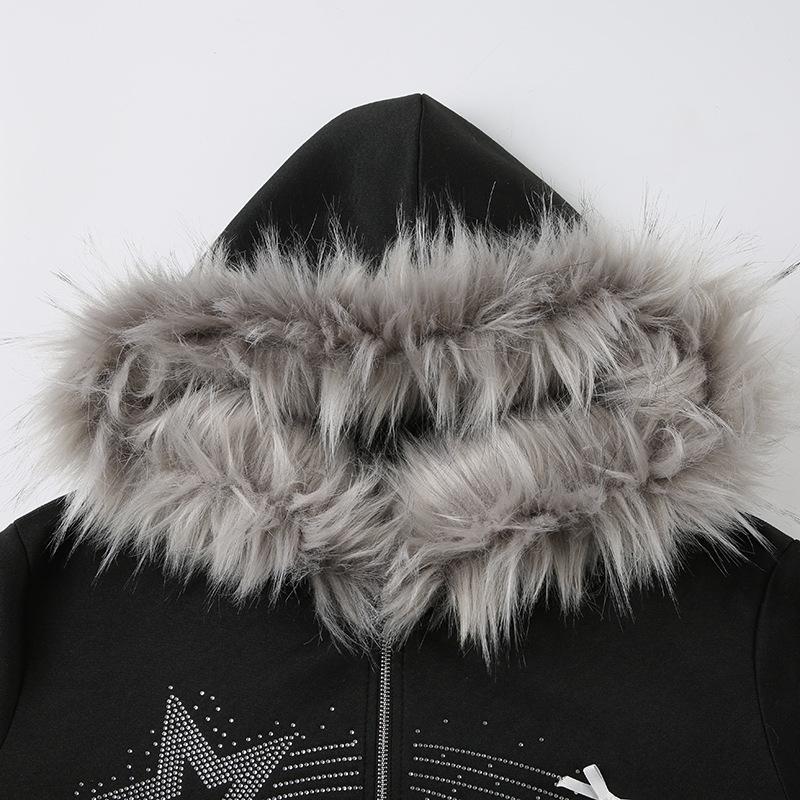 Sweat à capuche zippé et moelleux avec perles et nœud papillon, haut à manches longues 