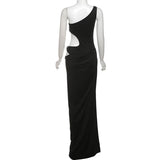 One shoulder hollow out high slit irregular maxi dress
