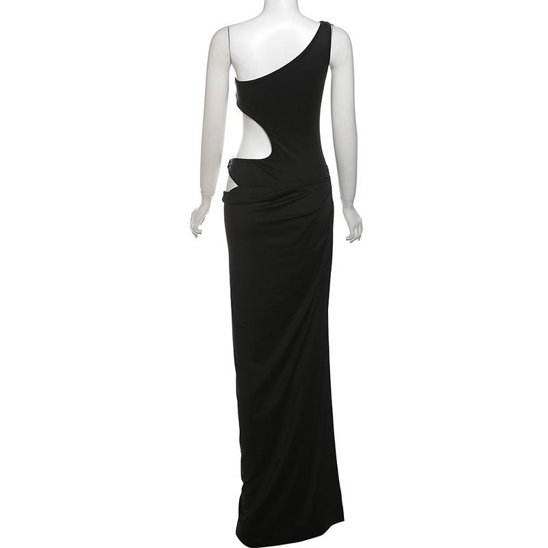 One shoulder hollow out high slit irregular maxi dress