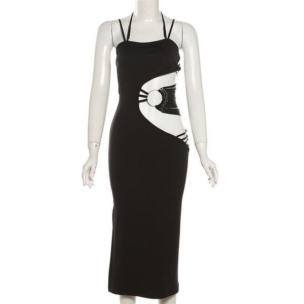 Irregular hollow out halter o ring cami slit midi dress
