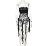 Vestido mini de tubo irregular con apliques cruzados de encaje 
