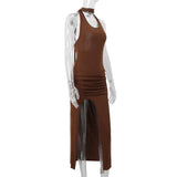 Robe midi froncée en maille irrégulière à fente dos nu 