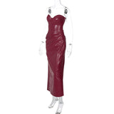 Vestido midi plisado de cuero sintético con cremallera y abertura 