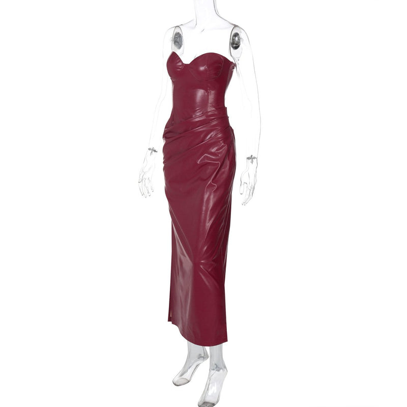 Vestido midi plisado de cuero sintético con cremallera y abertura 