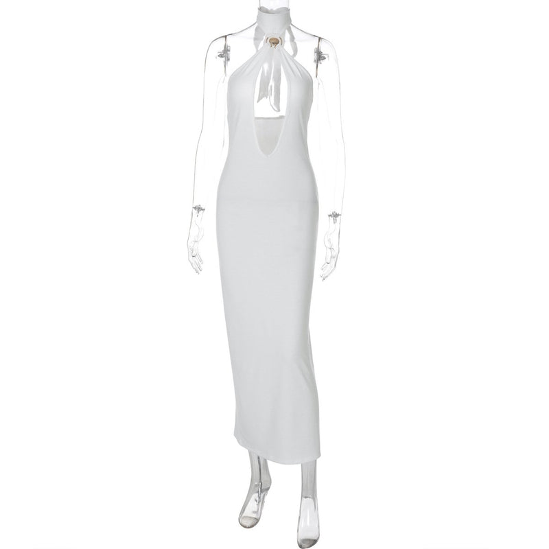 Vestido midi con cuello halter, espalda descubierta y aberturas con lazo 
