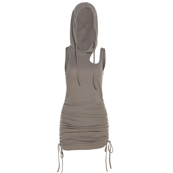 Mini-robe à capuche froncée avec cordon de serrage et ajourée 