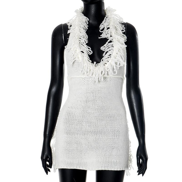 Halter self tie tassels knitted backless mini dress