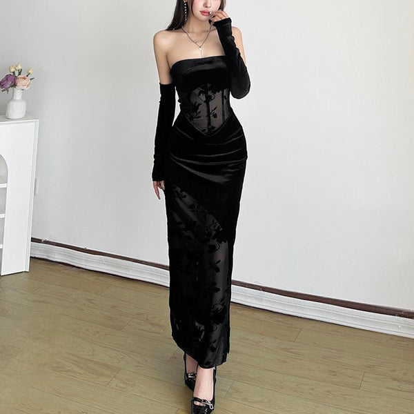 Vestido largo tubo con estampado floral de malla de terciopelo y guantes 