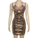 Minivestido halter con aberturas y lazo anudado, con brillo metalizado y fruncido 