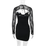 Vestido mini de manga larga con encaje calado y fruncido con lazo 