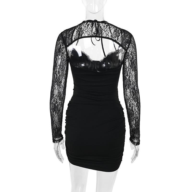 Vestido mini de manga larga con encaje calado y fruncido con lazo 