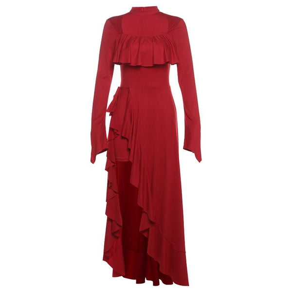 Vestido largo de manga larga con cuello cuadrado, volantes irregulares y cremallera 