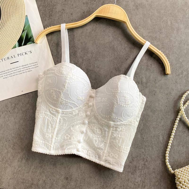 Top camisola con cuello en V, espalda descubierta y botones bordados 