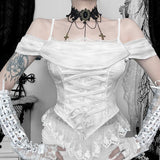 Haut caraco corset à lacets avec ourlet en dentelle et épaules dénudées 