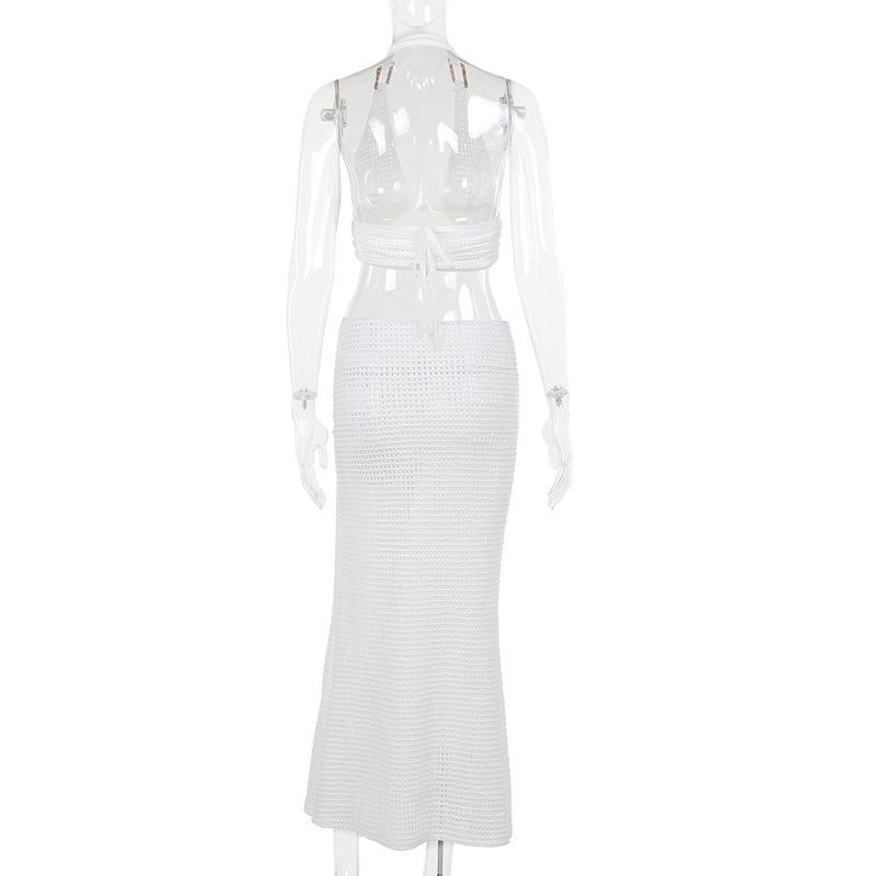 Conjunto de falda midi irregular con cuello halter, abertura y lazo 
