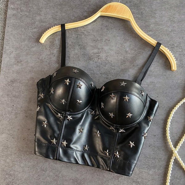 Haut caraco boutonné en cuir PU avec appliques étoiles 