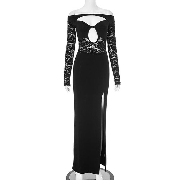 Long sleeve hollow out slit off shoulder lace maxi dress
