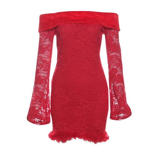 Off shoulder long flared sleeve feather lace mini dress