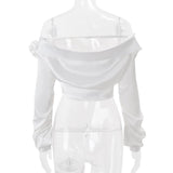 Long sleeve off shoulder flower applique button top