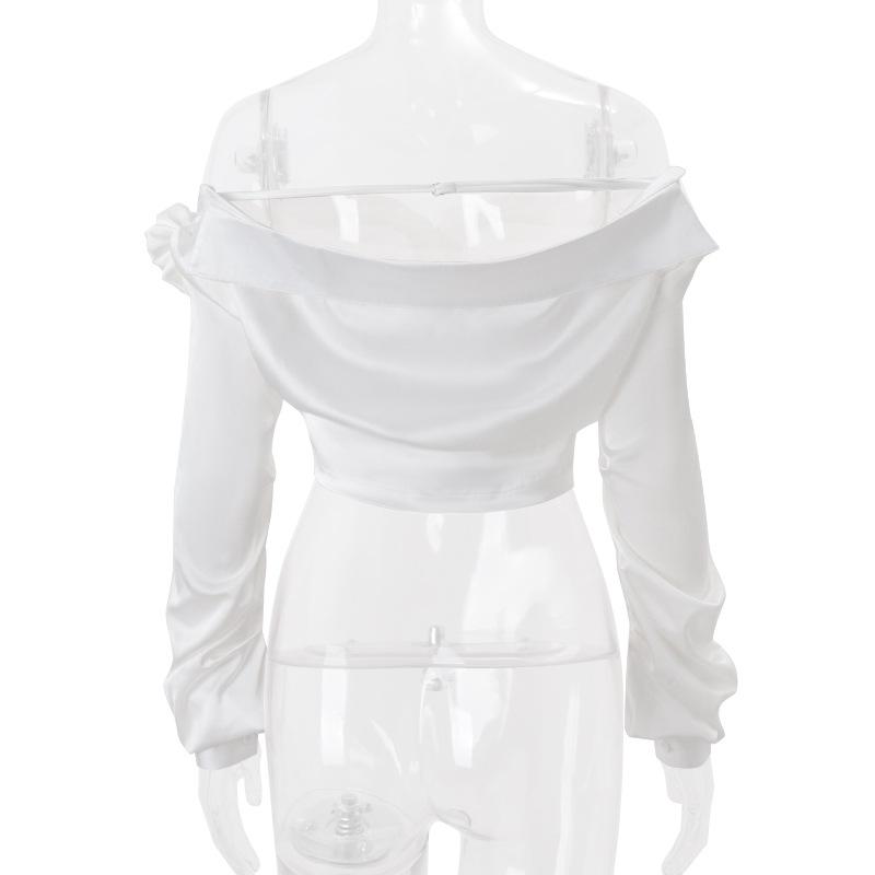 Long sleeve off shoulder flower applique button top