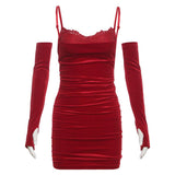 Ruched gloves velvet v neck lace hem mini dress