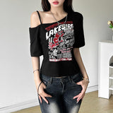 Irregular short sleeve hollow out letter print top
