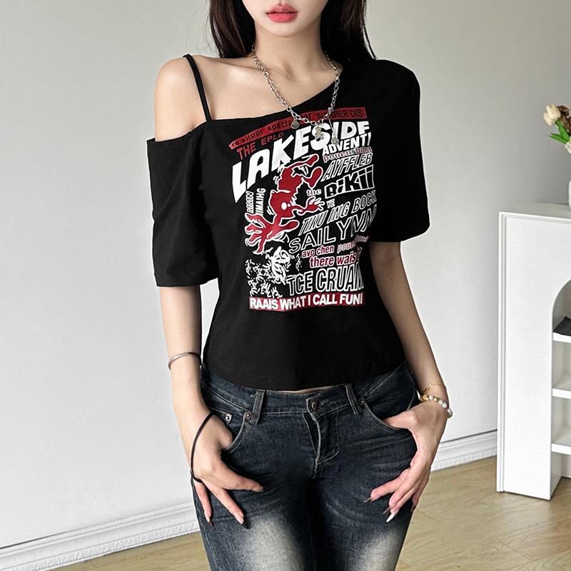 Irregular short sleeve hollow out letter print top