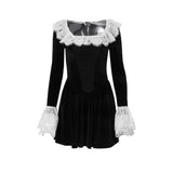 Minivestido de terciopelo con cremallera, dobladillo de encaje y mangas largas acampanadas 
