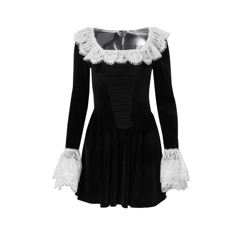 Minivestido de terciopelo con cremallera, dobladillo de encaje y mangas largas acampanadas 