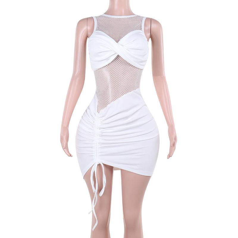 Ruched drawstring crewneck fishnet mini dress