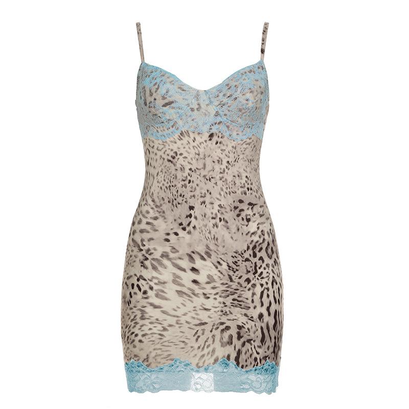 Mini-robe camisole à imprimé léopard, col en V, ourlet en dentelle 