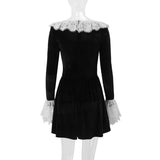 Minivestido de terciopelo con cremallera, dobladillo de encaje y mangas largas acampanadas 