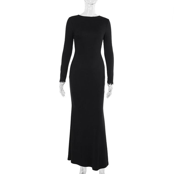 Long sleeve hollow out buckle crewneck maxi dress