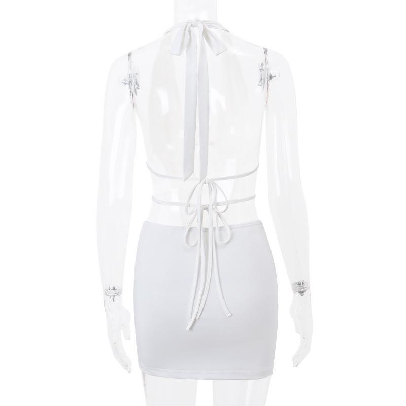 Halter self tie lace hem hollow out mini dress