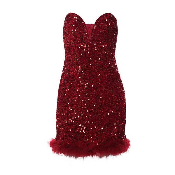 Robe mini tube à col en cœur et plumes scintillantes 