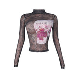Haut à manches longues, col haut, lacets, maille transparente imprimée 
