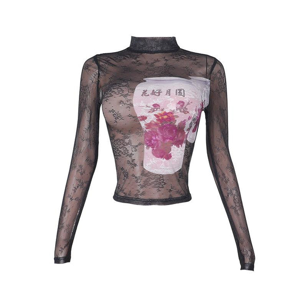 Haut à manches longues, col haut, lacets, maille transparente imprimée 