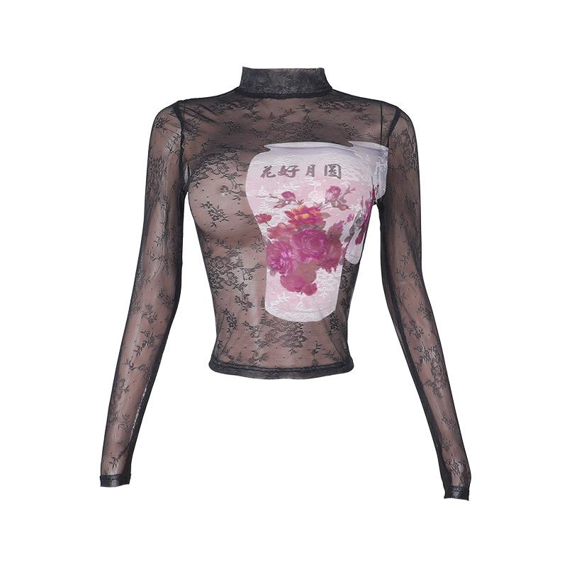 Haut à manches longues, col haut, lacets, maille transparente imprimée 