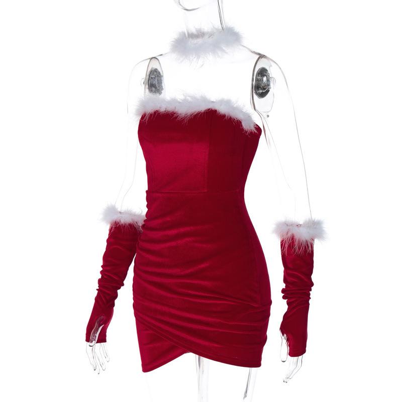 Ruched feather gloves backless tube mini dress