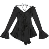 Vestido mini con volantes, cuello en V, manga larga acampanada y lazo anudado 
