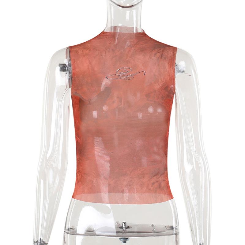 Haut sans manches à col ras du cou en maille transparente et imprimé perles 