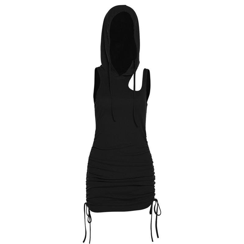 Hoodie ruched drawstring hollow out mini dress