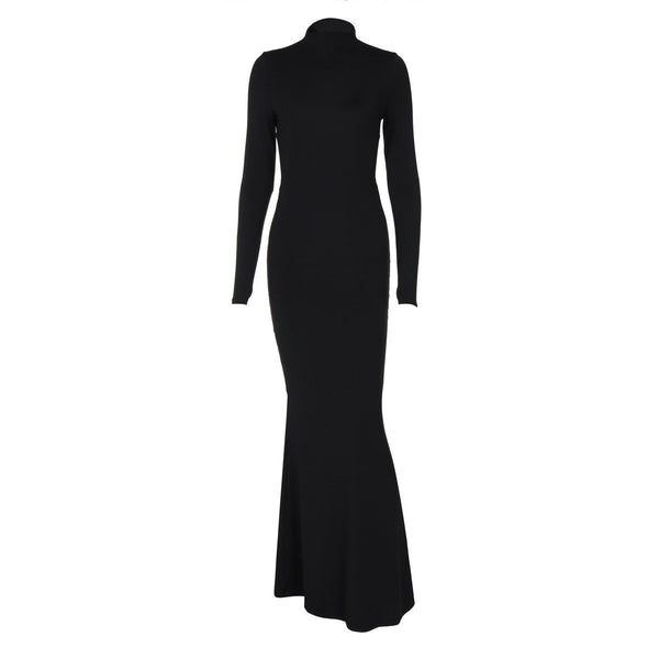 Robe longue unie à manches longues, col haut et dos nu 