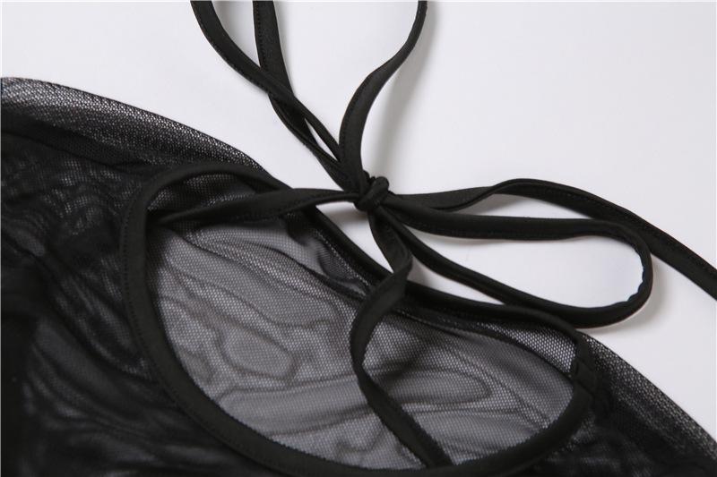Conjunto de pantalón de tiro medio de malla hueca con cuello redondo 
